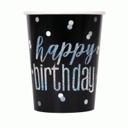 8 gobelets pailletés noirs & argent Happy Birthday - 82246