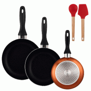 BERGNER - Set de 3 Poêles Ø16/20/24cm en Aluminium Pressé Coloris Bronze Métallisé avec Jeu de 2 Ustensiles de Cuisine EXCALIBUR - PK9873