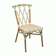 Emh Chaise bistrot professionnelle Vendôme empilable – aluminium effet bois – assise rotin beige et vert d’eau – usage chr intérieur/extéri