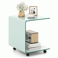 Helloshop26 - Table d'appoint en C 40 x 45 x 48 cm avec roulettes verrouillables design moderne en verre trempé blanc 20_0018417 - blanc verre 300023