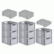 PROREGAL 8x Bac Euro NextGen Economy avec couvercle d'appui et 4 fermetures à glissière vertes poignées ouvertes 22x30x40cm 20L - noir plastique RM