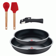 BERGNER - Jeu de 2 Poêles Ø22/26 cm en Aluminium Embouti Noir avec Manche Amovible et Jeu de 2 Ustensiles de Cuisine EXCALIBUR - PK9625