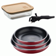 BERGNER - Ensemble 3 poêles Ø18/20/24cm aluminium embouti rouge avec poignée amovible et récipient hermétique de 650ml en verre borosilicate NATU