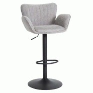 Décoshop26 - Tabouret de bar x1 pivotant avec accoudoirs et repose-pieds – tissu gris clair – pieds métal noirs 04_0008589 - gris métal 3000262638277