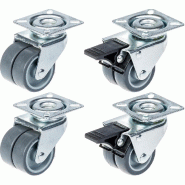 Roulette double 50mm 2" caoutchouc gris pivotante et frein capacité 280kg, jeu de 4 Roulette double 50mm 2" caoutchouc gris pivotante et frein capacité 280kg, jeu de 4