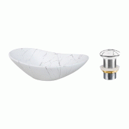 STELLAMEUBLES Set vasque 62cm LENA + BONDE clic-clac à poser salle de bain céramique aspect marbre blanc - 3667335112456