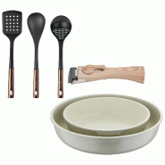 BERGNER - Jeu de 2 Poêles Ø22/26cm Aluminium Coulé Blanc avec Manche Amovible avec Set de 3 Ustensiles de Cuisine en PBT Noir et Cuivre - PK9775_0