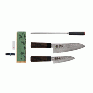Set de base Deluxe 4 pièces KOTAI Densho – 2 couteaux (Petty + Gyuto 21 cm) et 2 accessoires (set d'aiguisage grain 180/800 + fusil à aiguiser) -