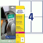 Avery Zweckform 40 étiquettes ultra-résistantes Laser blanches, format 99,1 x 139 mm (10 feuilles / cdt) - L7915-10 Avery Zweckform 40 étiquettes ultra-résistantes Laser blanches, format 99,1 x 139 mm (10 feuilles / cdt) - L7915-10