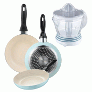 BERGNER - Jeu de 3 Poêles Ø16/Ø20/Ø24 cm en Aluminium Embouti Bleu Ciel avec Presse-agrumes NATURALLY 40 W 1,2 L - aluminium PK9405