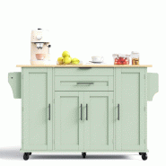 Merax Îlot de cuisine mobile 136x70x92 cm, chariot avec plan extensible, tiroir à couverts, roulettes et rangement, vert sauge - vert Bois manufactu