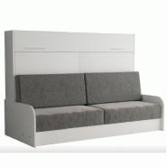 ARMOIRE LIT ESCAMOTABLE VERTIGO SOFA STRUCTURE ACCOUDOIRS BLANC TISSU GRIS 160*200 CM