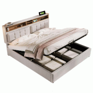 Merax lit rembourré lit double avec prise USB C fonction de chargement tête de lit, espace de rangement lits cadre de lit en lin 140x200, beige - be