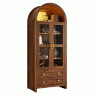 Merax Vitrine 76 x 40 x 180 cm, armoire haute avec 2 portes vitrées, 2 tiroirs, LED et compartiment arqué ouvert, coloris noyer - marron multi-maté