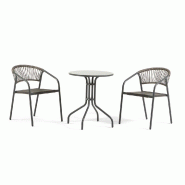 RATTATAN Set déjeuner de balcon avec table Ø60 et 2 chaises empilables en acier et textilène, idéal pour terrasse, jardin, bar, café – Max & Ga