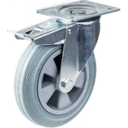 Roulette de 200mm 8" à bandage caoutchouc gris, pivotante avec frein, forte capacité de 205kg Roulette de 200mm 8" à bandage caoutchouc gris, pivotante avec frein, forte capacité de 205kg