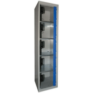 Casier consigne 1 colonne 5 cases gris/ bleu portes plexi à serrure E10 à code électronique Casier consigne 1 colonne 5 cases gris/ bleu portes plexi à serrure E10 à code électronique