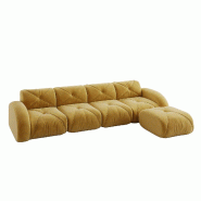 Merax Canapé modulable 4 places avec tabouret, canapé nuage avec accoudoirs ronds, chenille douce, sans cadre près du sol, canapé lounge, jaune -