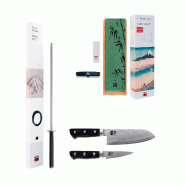 Set de base Deluxe 4 pièces KOTAI Hashi Damas – 2 couteaux (office 9 cm + santoku 18 cm) + set d'aiguisage grain 180/800 + fusil à aiguiser - inox