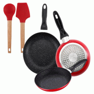 BERGNER - Jeu de 3 Poêles avec Revêtement Marbre Ø16/Ø20/Ø24 cm avec Jeu de 2 Ustensiles de Cuisine EXCALIBUR - PK9190