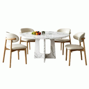 Merax Ensemble repas Ø120 cm avec 4 chaises, table ronde effet marbre blanc, chaises en PU beige et pieds en bois massif - multicolore multi-matéria