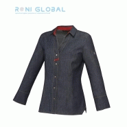 Veste de cuisine femme denim et rouge - manches longues en coton avec 1 poche - VERVEINE ROBUR_0