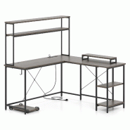 Helloshop26 - Bureau d'ordinateur en L 145 x 145 x 147 cm avec bande LED et 4 prises AC style moderne en bois ingénierie gris 20_0010876 - gris méta