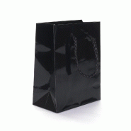 Sac Luxe pelliculé noir 11x6x14cm - par 12 - poignée cordelière, finition glossy, fond cartonné