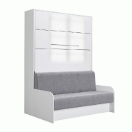 ARMOIRE LIT ESCAMOTABLE SOFA AUTOMATICA 140 CM FAÇADE LAQUÉE BLANC BRILLANT CANAPÉ MICROFIBRE GRIS