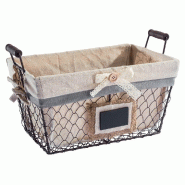 Panier en métal - doublé de tissu - étiquette ardoise et poignées en bois - 30x20x16.5cm