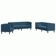 Ensemble de canapé Chesterfield et traversins 3pcs bleu velours Modèle Belmonel - 8721012289802
