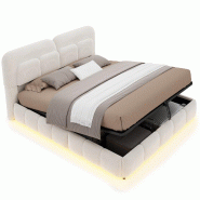 Merax Lit rembourré 140x200 cm, lit double en velours beige avec LED, coffre hydraulique, sommier et tête rembourrée - beige multi-matériau LDU006