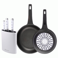 BERGNER - Jeu de 2 Poêles Ø24//28cm en Aluminium Coulé avec Manche en Bakélite avec Jeu de 3 Couteaux en Acier Inoxydable avec Bloc - PK9831