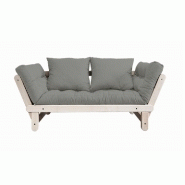 BANQUETTE MÉRIDIENNE FUTON BEAT PIN NATUREL TISSU GRAY COUCHAGE 75*200 CM.