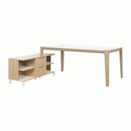 Bureau avec retour en meuble de rangement, plateau L 180 x P 90 cm, piétement bois massif - Absolu - plateau blanc Bureau avec retour en meuble de rangement, plateau L 180 x P 90 cm, piétement bois massif - Absolu - plateau blanc