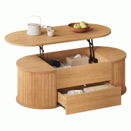 Merax Table basse réglable en hauteur 100 x 50 x 35 cm avec tiroir, rangements cachés et plateau ovale, coloris bois naturel - Bois manufacturé N62