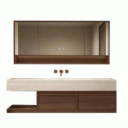 Meuble de Salle de Bain avec Vasque en Pierre Frittée, Meuble Suspendu et Armoire Miroir, 130×55 cm【RW016-130JG BKK】 - 0784931050159