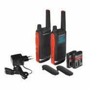 Motorola T82 Talkie, lot de 2 noir/orange, 16 canaux + 121 codes, LED, vibration - bleu Polycarbonate 59T82PACK Motorola T82 Talkie, lot de 2 noir/orange, 16 canaux + 121 codes, LED, vibration - bleu Polycarbonate 59T82PACK