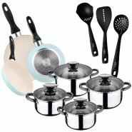 San Ignacio - Batterie de Cuisine Dina 8 pièces en Acier Inoxydable avec 3 Poêles Ø16/20/24 cm et Set de 3 Ustensiles de Cuisine - PK11109
