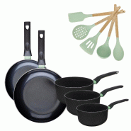 Batterie de cuisine avec 2 poêles 24/28 cm et 3 casseroles 16/18/20 cm avec 5 ustensiles de cuisine Fackelmann Brandao Océan - noir aluminium 317623_0