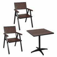 Mendler Set de 2 chaises de jardin+table de jardin HWC-J95, chaise table, revêtement Gastro Outdoor, alu aspect bois ~ noir, marron foncé - marron B