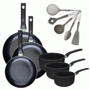 Batterie de cuisine avec 3 poêles 24/28/30 cm et 3 casseroles 16/18/20 cm sans PFAS et 5 ustensiles de cuisine Fackelmann Brandao Vario - noir alumin