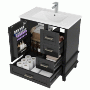 Merax Meuble sous-vasque 76x46x83.5 cm, meuble de salle de bain autoportant avec évier en céramique, étagère de porte, 4 tiroirs, noir - noir mult Merax Meuble sous-vasque 76x46x83.5 cm, meuble de salle de bain autoportant avec évier en céramique, étagère de porte, 4 tiroirs, noir - noir mult