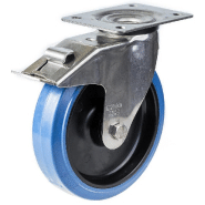 Roulette pivotante/frein de 200 mm en acier inoxydable avec caoutchouc élastique bleu sur centre en nylon Roulette pivotante/frein de 200 mm en acier inoxydable avec caoutchouc élastique bleu sur centre en nylon