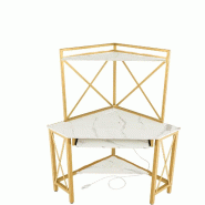 COSTWAY Bureau avec station de recharge, bureau d'angle pour ordinateur avec tablette pour clavier, table de bureau avec structure métallique - doré