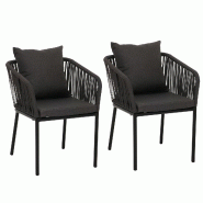 Décoshop26 - Lot de 2 chaises de jardin d'extérieur en aluminium avec accoudoirs tressage corde anthracite coussins gris foncé 04_0009796 - gris al