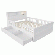 Merax Lit en bois 90x190 cm, lit simple blanc avec 2 tiroirs, lampe LED, USB, Type-C, rangement de tête et sommier - blanc multi-matériau LDF00633AAK