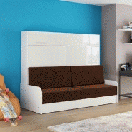 ARMOIRE LIT ESCAMOTABLE VERTIGO SOFA ACCOUDOIRS FAÇADE BLANC BRILLANT CANAPÉ MARRON 160*200 CM