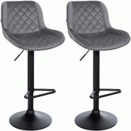 Décoshop26 - Lot de 2 tabourets de bar repose-pieds hauteur réglable en velours gris foncé coutures losange cadre métal noir 10_0006336 - gris mé