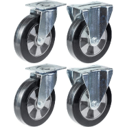 Roulette 200mm 8" en caoutchouc noir, pivotante et fixe, capacité 1400kg, lot de 4 Roulette 200mm 8" en caoutchouc noir, pivotante et fixe, capacité 1400kg, lot de 4
